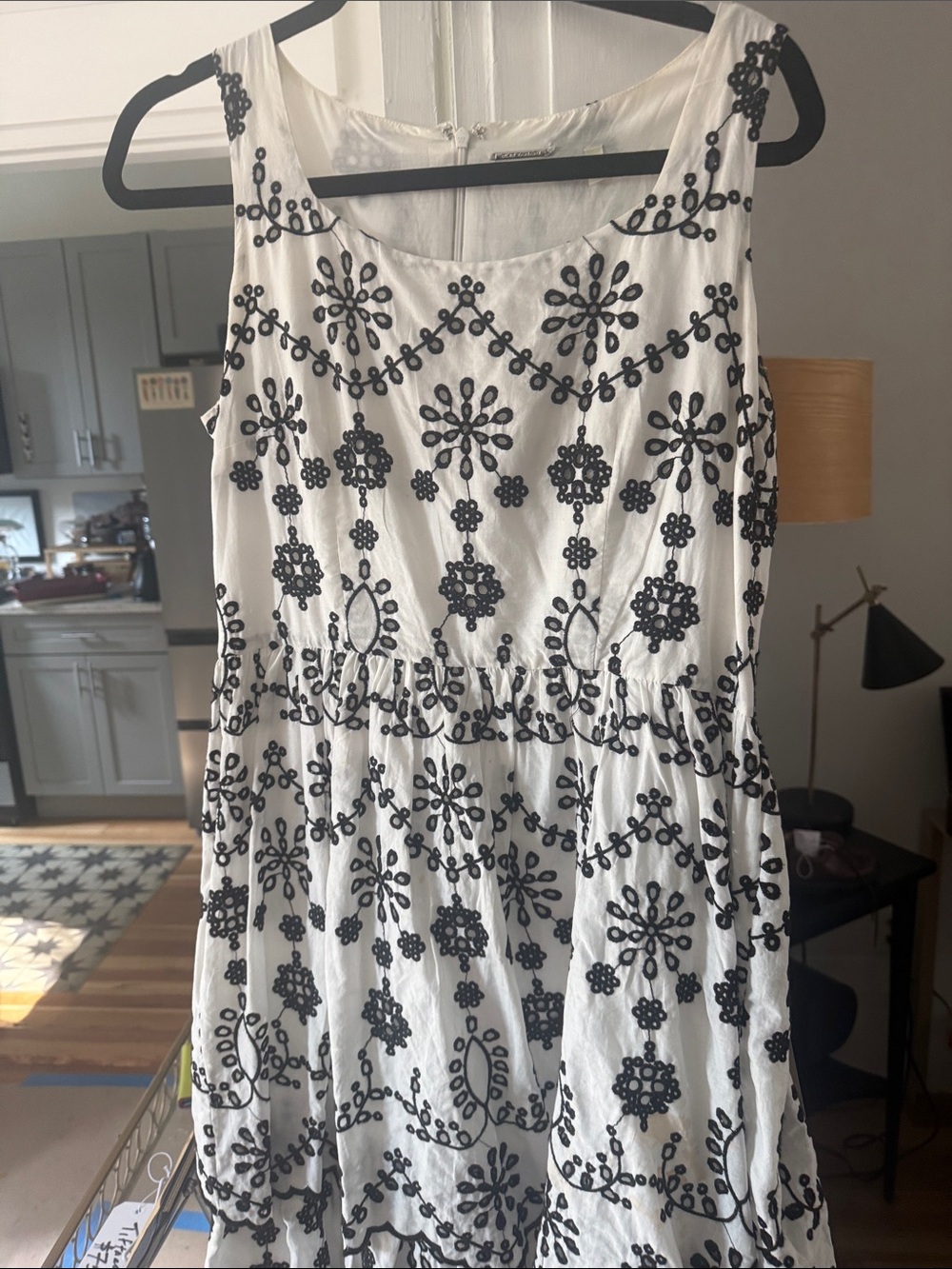 Elie Tahari White Maxi Dress with Black Embroidered Floral Pattern